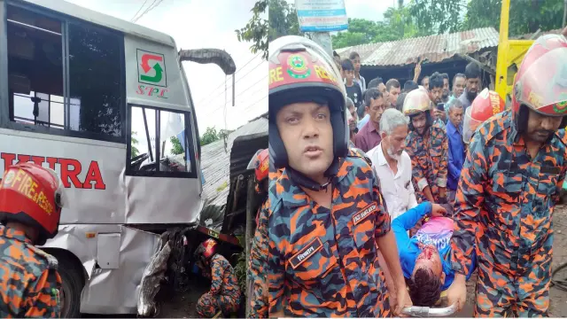 বরিশাল-ঢাকা মহাসড়কে   বাস-লরির সংঘর্ষ