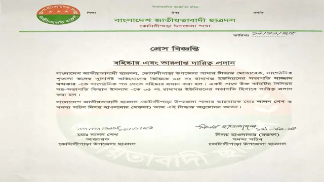 দলীয় শৃংখলা ভঙ্গের দায়ে গোপালগঞ্জে ইউনিয়ন ছাত্রদলের সভাপতি বহিষ্কার