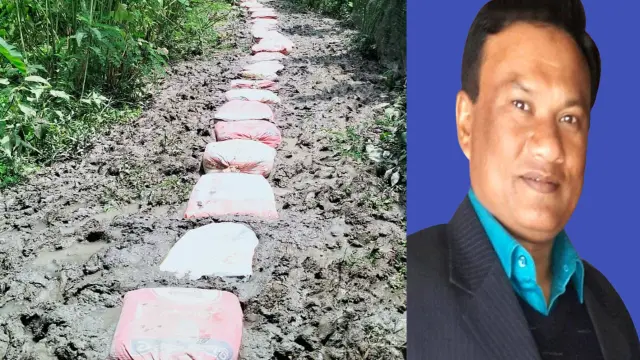 কাদা রাস্তায় বিএনপি  নেতার বালু ভরাট