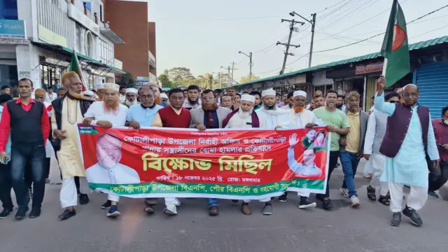 কোটালীপাড়ায় উপজেলা পরিষদ ও থানায় ককটেল হামলার প্রতিবাদে বিএনপির বিক্ষোভ মিছিল