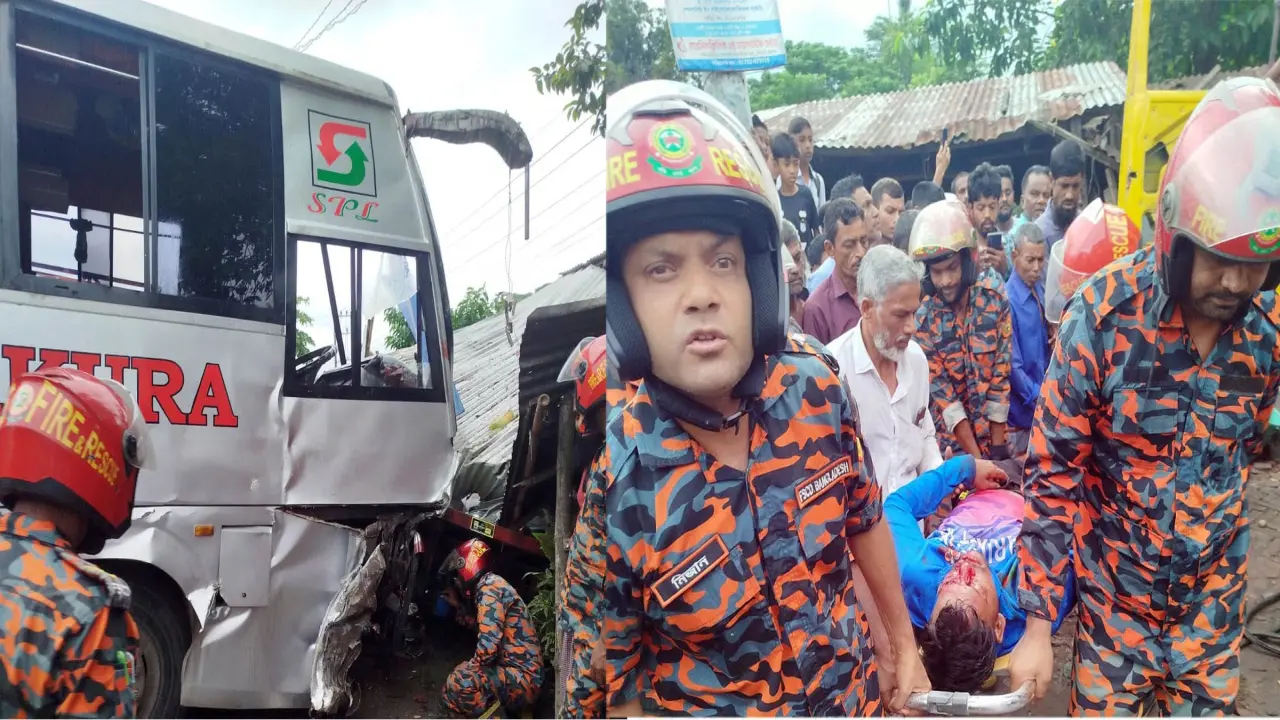বরিশাল-ঢাকা মহাসড়কে   বাস-লরির সংঘর্ষ