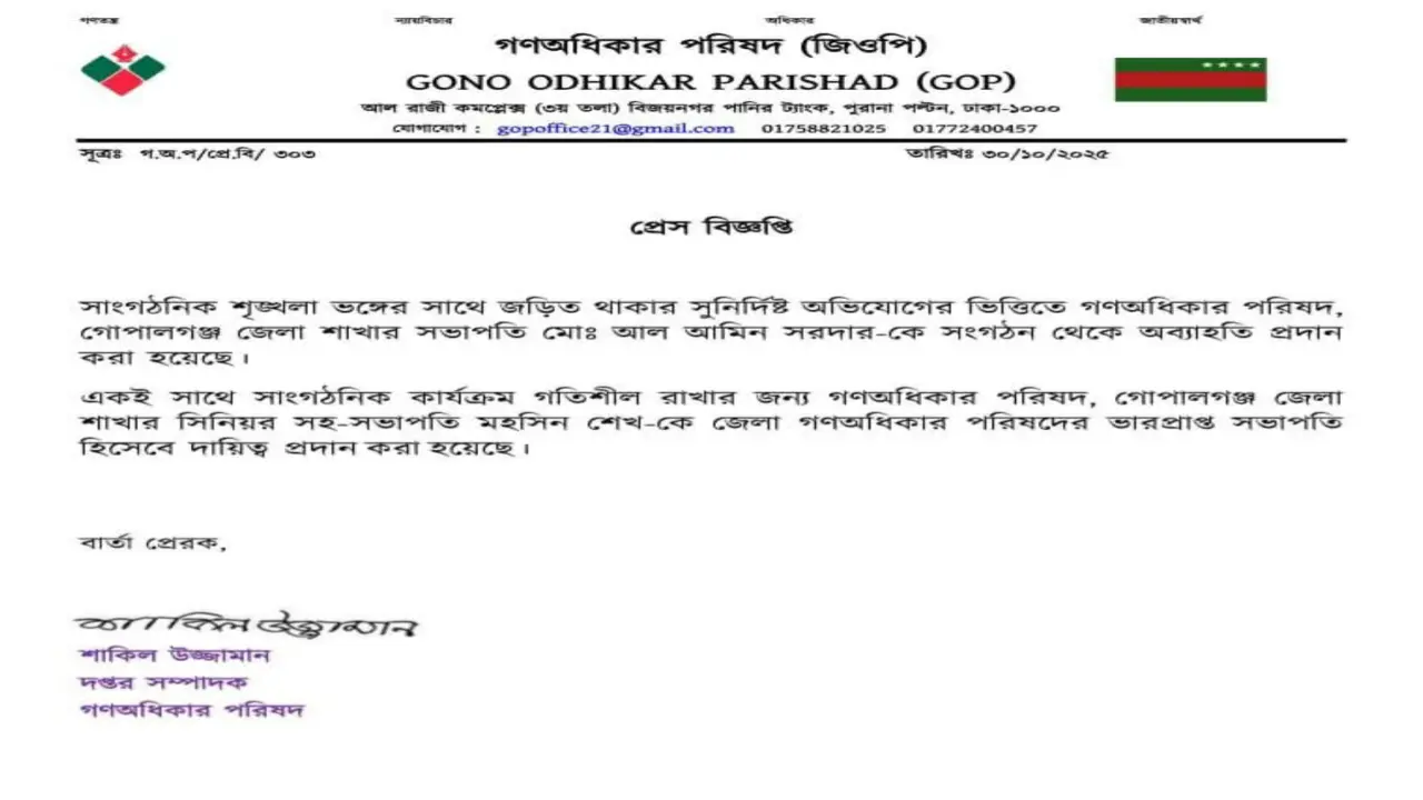 দলীয় শৃংখলা ভঙ্গের দায়ে গণঅধিকার পরিষদ গোপালগঞ্জ শাখার সভাপতিকে অব্যাহতি