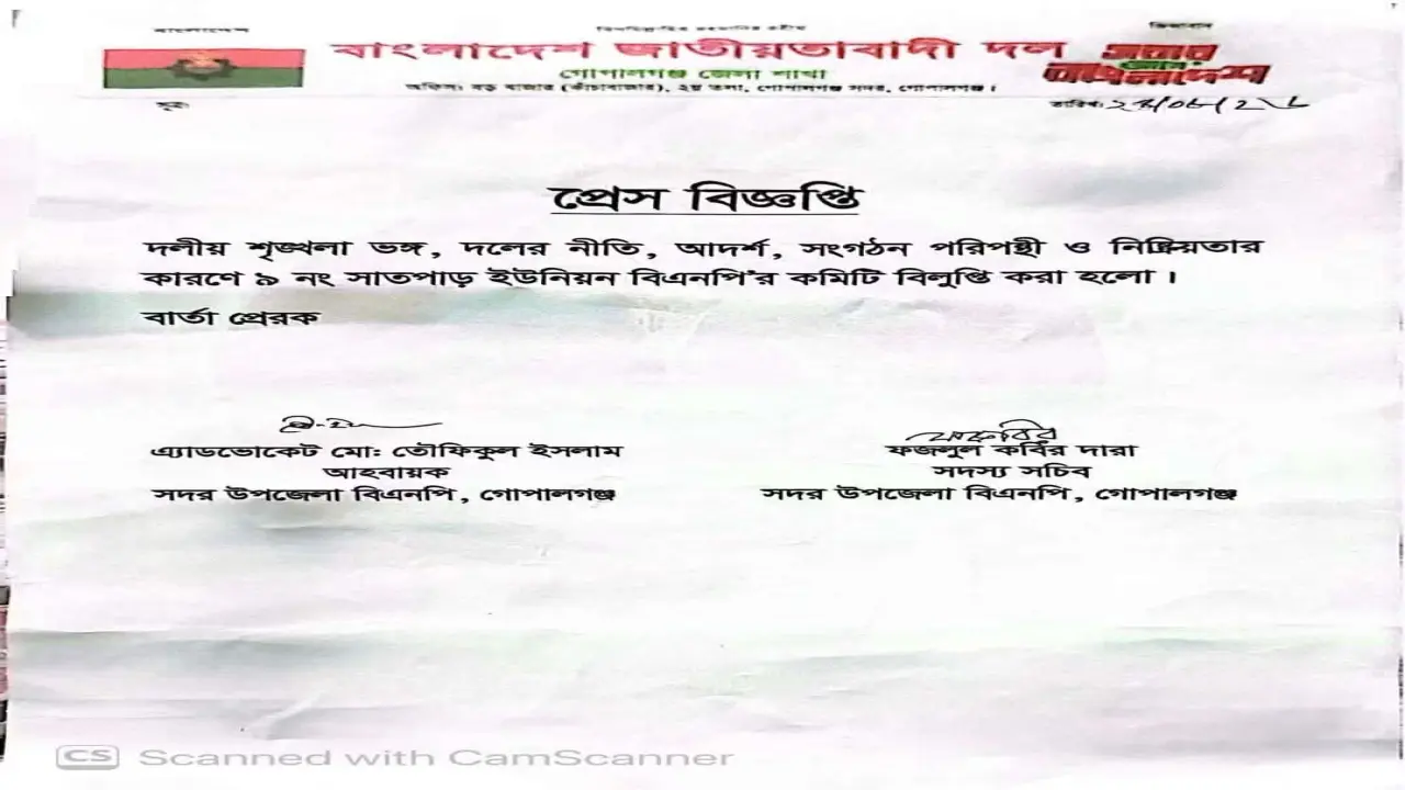 দলীয় শৃঙ্খলা ভঙ্গের দায়ে সাতপাড় ইউনিয়ন বিএনপির কমিটি বিলুপ্ত