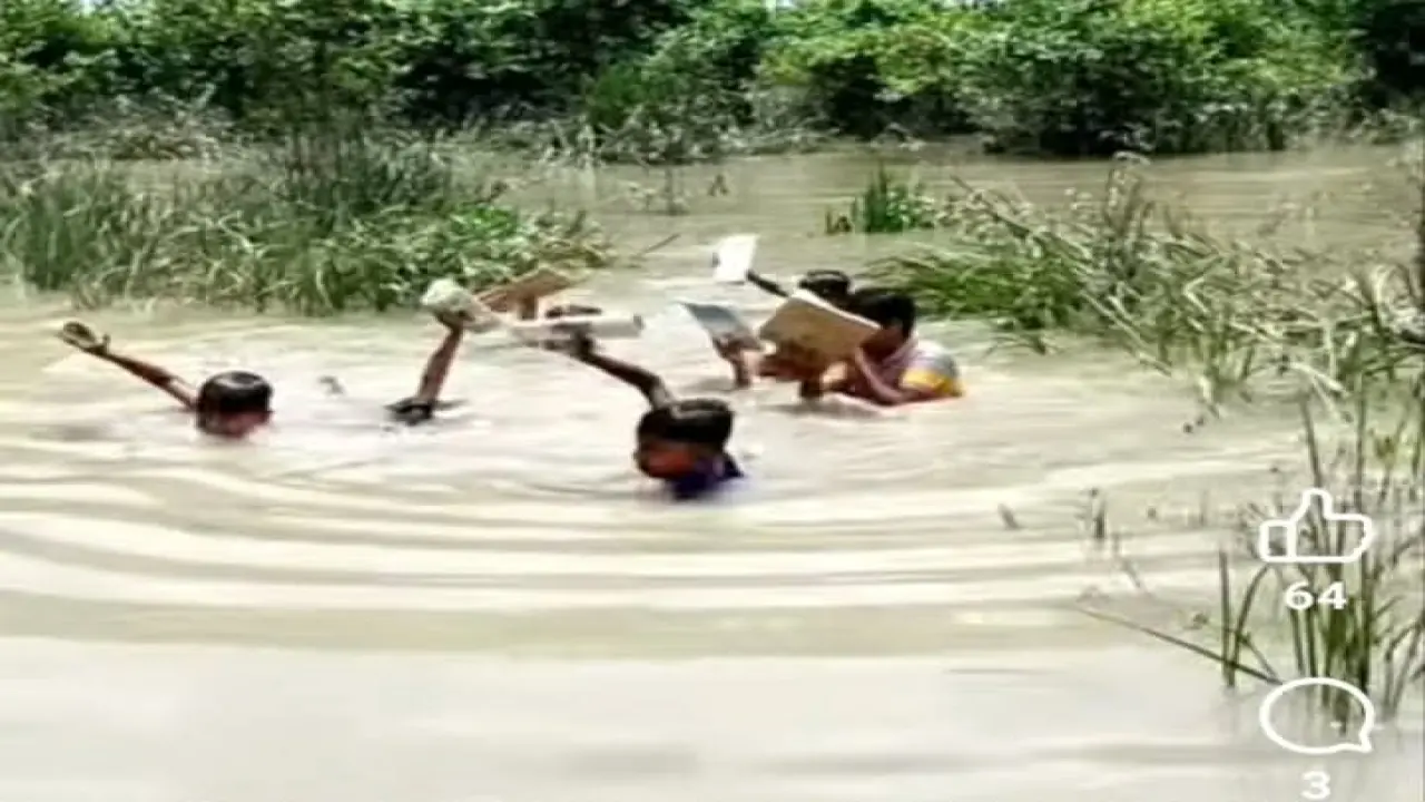 খাল সাঁতরে ভিজে স্কুলে আসার আগ্রহ হারাচ্ছে চরকারফারমার শিশুরা