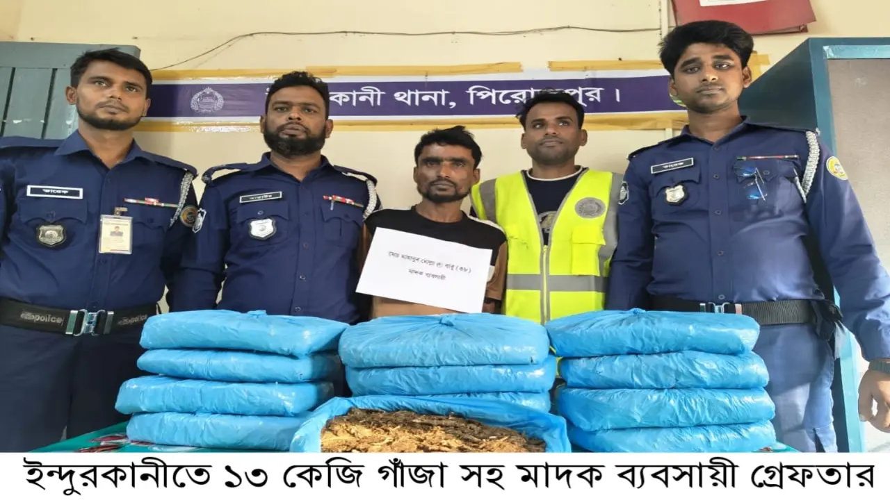 পিরোজপুরের জিয়ানগরে ১৩ কেজি গাঁজাসহ মাদক ব্যবসায়ী গ্রেফতার